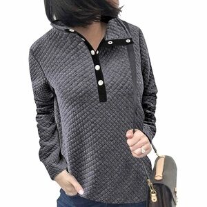 Women’s Gray Quilted Snap Front Pullover Collared Sweatshirt Size Large Casual
